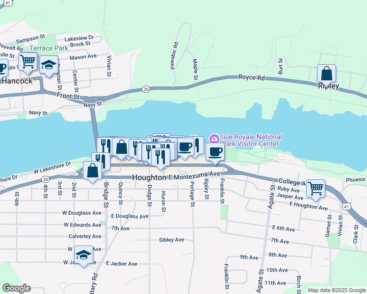 map of restaurants, bars, coffee shops, grocery stores, and more near 600 East Lakeshore Drive in Houghton