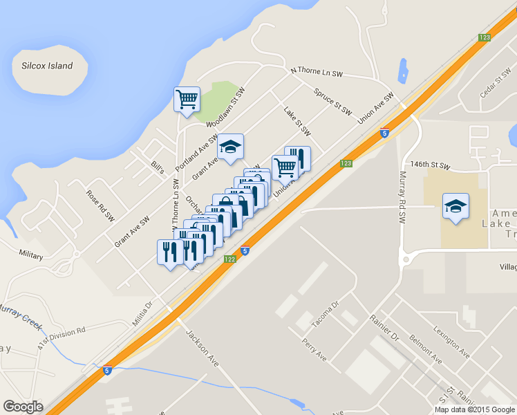 map of restaurants, bars, coffee shops, grocery stores, and more near 14818 Union Avenue Southwest in Lakewood