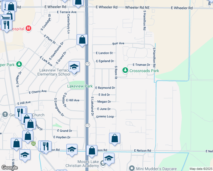 map of restaurants, bars, coffee shops, grocery stores, and more near 1345 East Raymond Drive in Moses Lake