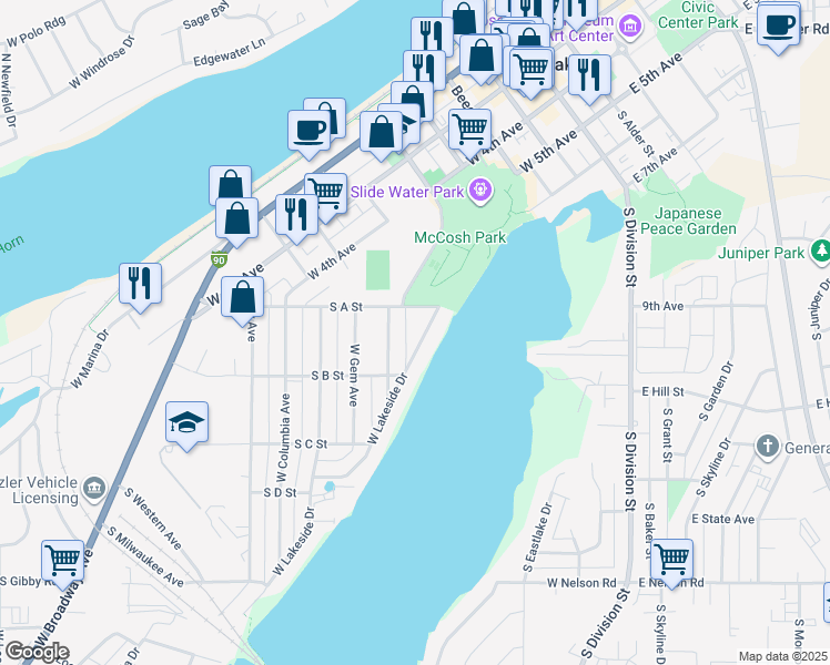 map of restaurants, bars, coffee shops, grocery stores, and more near 1024 West Lakeside Drive in Moses Lake