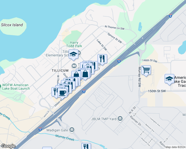 map of restaurants, bars, coffee shops, grocery stores, and more near 8102 Maple Street Southwest in Lakewood