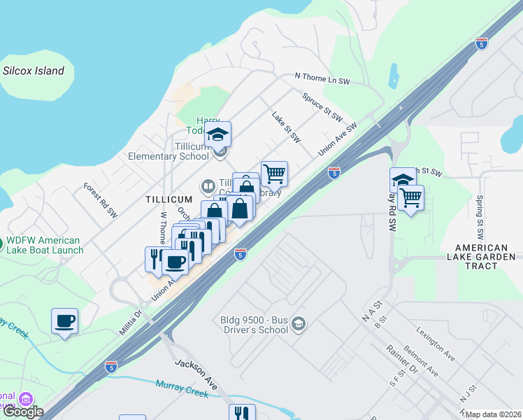 map of restaurants, bars, coffee shops, grocery stores, and more near 8102 Maple Street Southwest in Lakewood