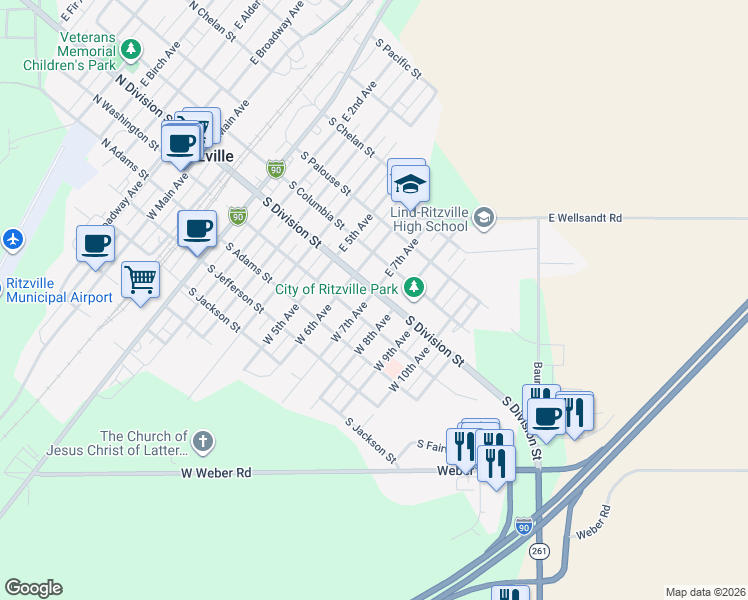 map of restaurants, bars, coffee shops, grocery stores, and more near 707 South Washington Street in Ritzville