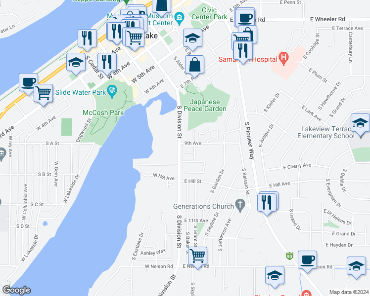 map of restaurants, bars, coffee shops, grocery stores, and more near 855 South Division Street in Moses Lake