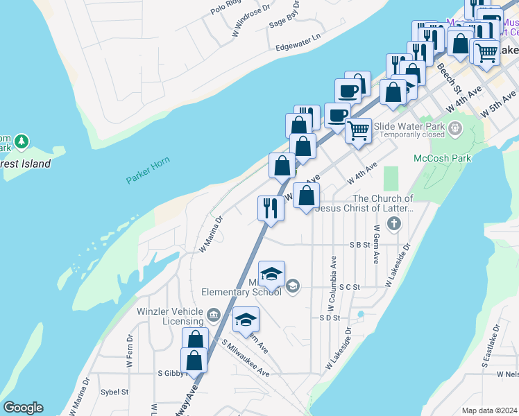 map of restaurants, bars, coffee shops, grocery stores, and more near 1041 West Marina Drive in Moses Lake