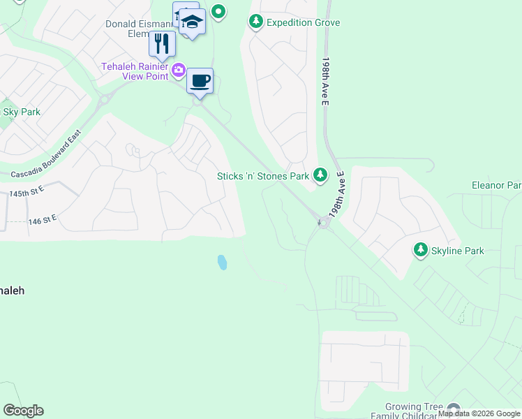 map of restaurants, bars, coffee shops, grocery stores, and more near 14512 Overlook Drive East in Bonney Lake