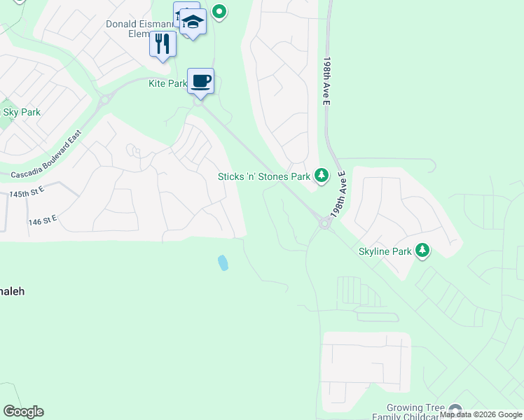 map of restaurants, bars, coffee shops, grocery stores, and more near 14512 Overlook Drive East in Bonney Lake