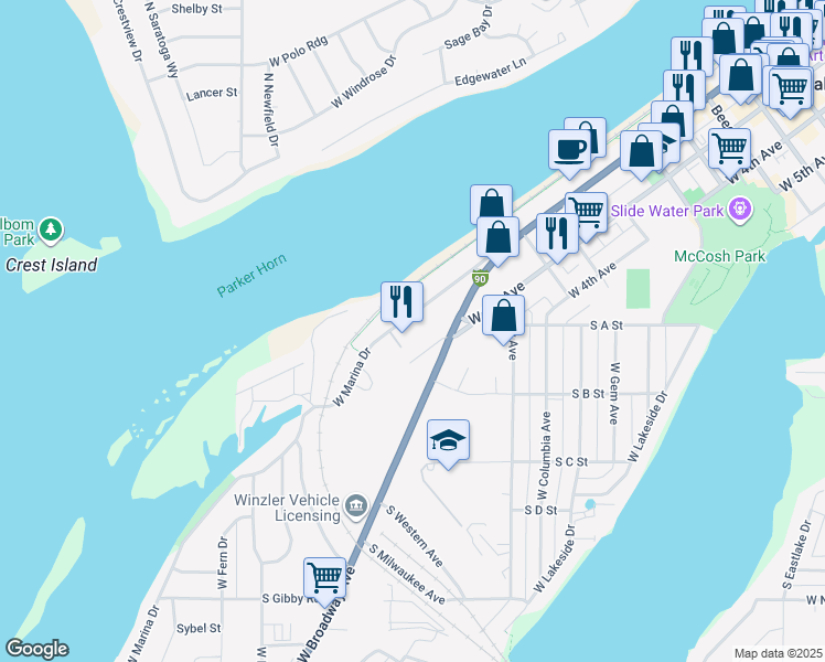 map of restaurants, bars, coffee shops, grocery stores, and more near 1064 West Marina Drive in Moses Lake