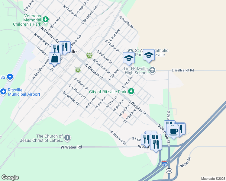 map of restaurants, bars, coffee shops, grocery stores, and more near 508 South Division Street in Ritzville