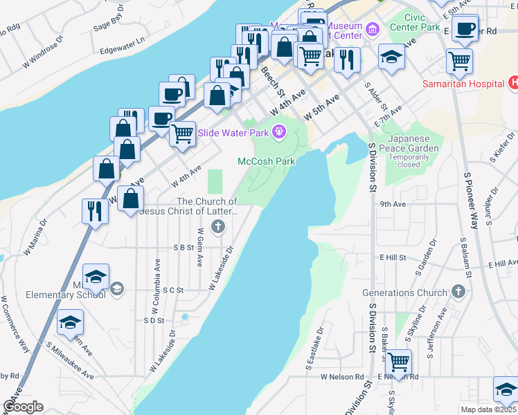 map of restaurants, bars, coffee shops, grocery stores, and more near 1001 West Lakeside Drive in Moses Lake