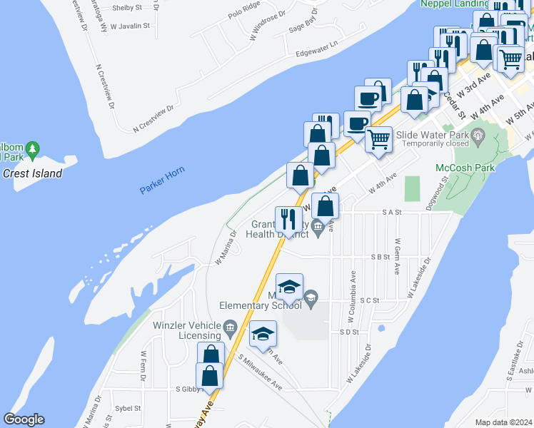 map of restaurants, bars, coffee shops, grocery stores, and more near 1064 West Marina Drive in Moses Lake