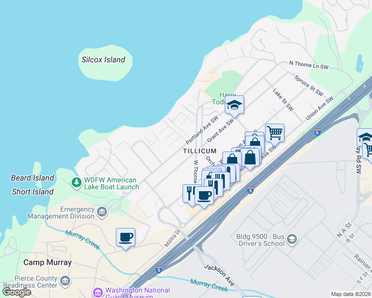 map of restaurants, bars, coffee shops, grocery stores, and more near 15101 Portland Avenue Southwest in Lakewood