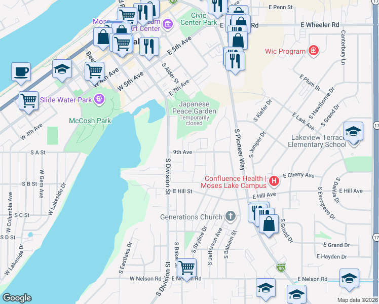 map of restaurants, bars, coffee shops, grocery stores, and more near 222 East 9th Avenue in Moses Lake