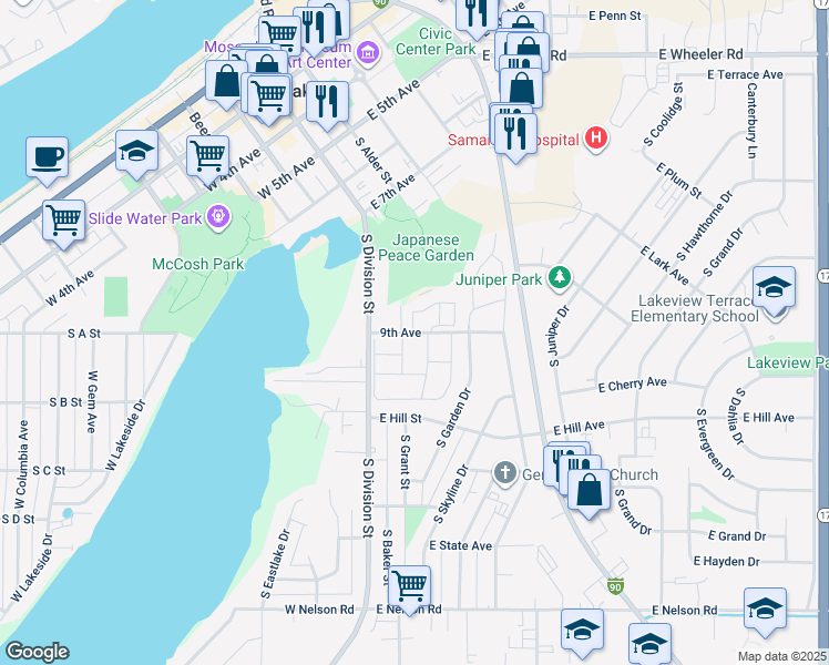 map of restaurants, bars, coffee shops, grocery stores, and more near 222 East 9th Avenue in Moses Lake