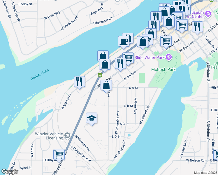 map of restaurants, bars, coffee shops, grocery stores, and more near 601 South A Street in Moses Lake