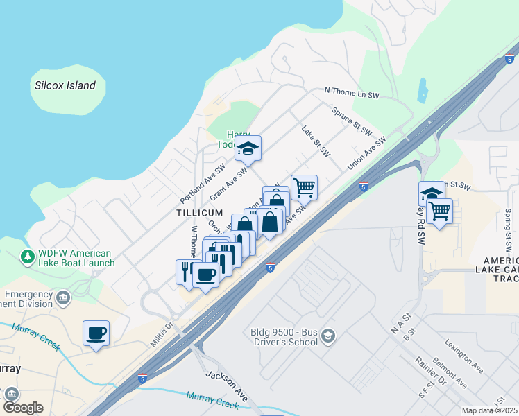 map of restaurants, bars, coffee shops, grocery stores, and more near 14821-1/2 Washington Avenue Southwest in Lakewood