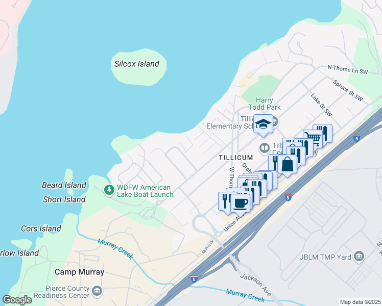 map of restaurants, bars, coffee shops, grocery stores, and more near 15211 Fern Street Southwest in Tacoma