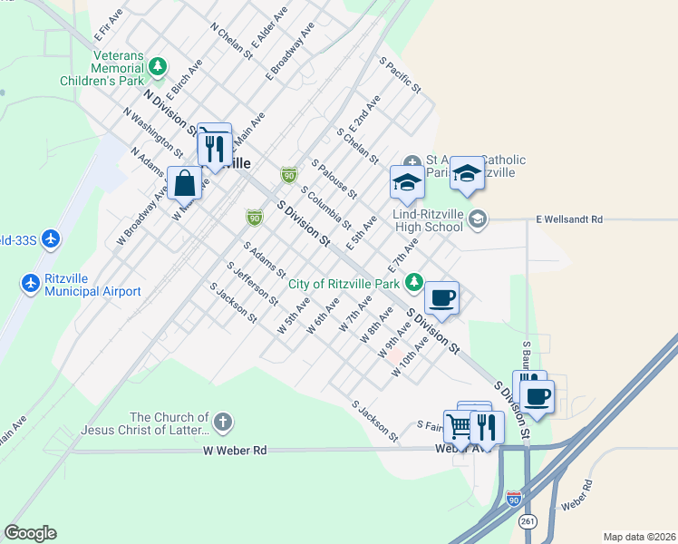 map of restaurants, bars, coffee shops, grocery stores, and more near 508 South Division Street in Ritzville