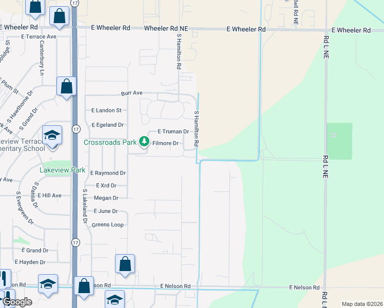 map of restaurants, bars, coffee shops, grocery stores, and more near 805 South Hamilton Road in Moses Lake