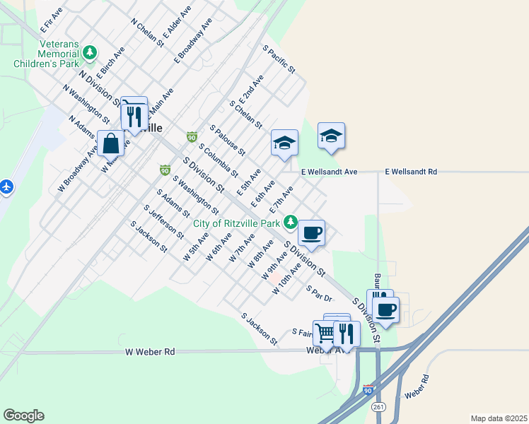 map of restaurants, bars, coffee shops, grocery stores, and more near 107 East 7th Avenue in Ritzville