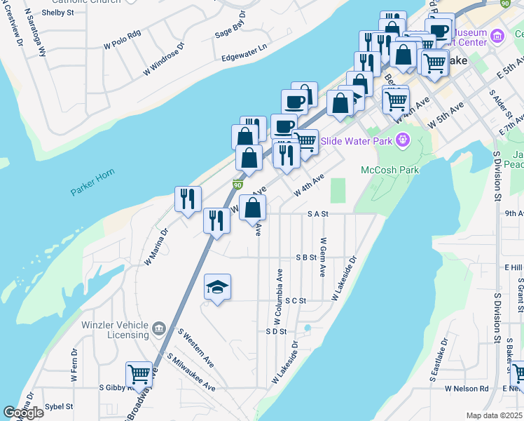 map of restaurants, bars, coffee shops, grocery stores, and more near 601 South A Street in Moses Lake