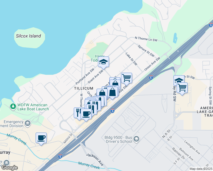 map of restaurants, bars, coffee shops, grocery stores, and more near 14821-1/2 Washington Avenue Southwest in Lakewood