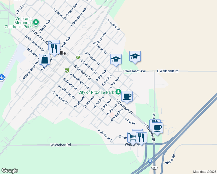 map of restaurants, bars, coffee shops, grocery stores, and more near 107 East 7th Avenue in Ritzville