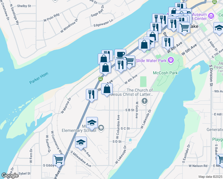 map of restaurants, bars, coffee shops, grocery stores, and more near 601 South A Street in Moses Lake