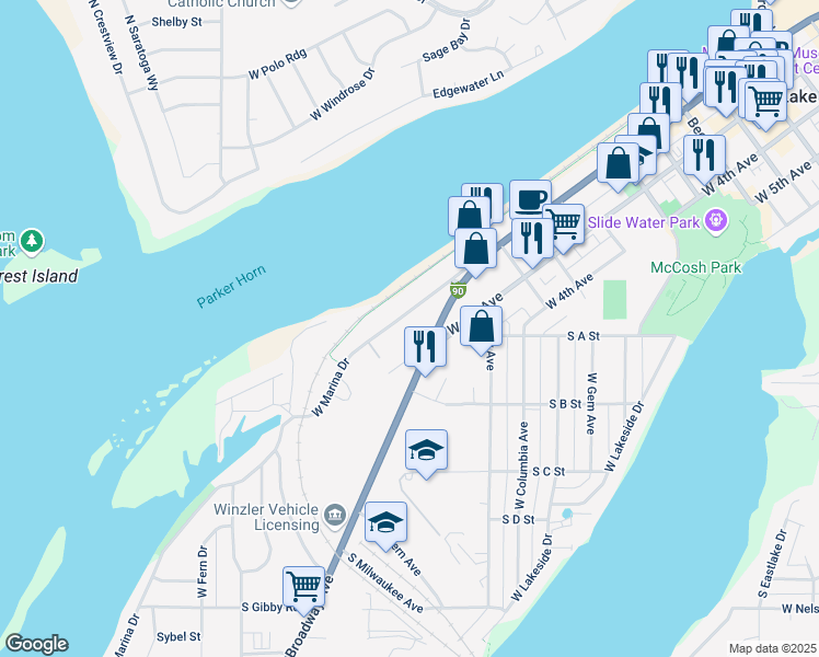 map of restaurants, bars, coffee shops, grocery stores, and more near 1041 West Marina Drive in Moses Lake