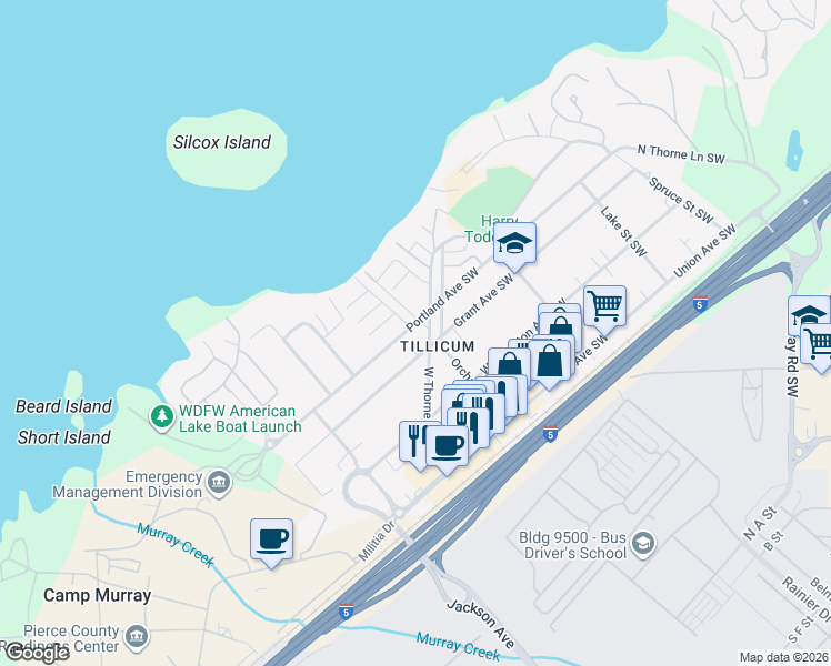 map of restaurants, bars, coffee shops, grocery stores, and more near 15101 Portland Avenue Southwest in Lakewood