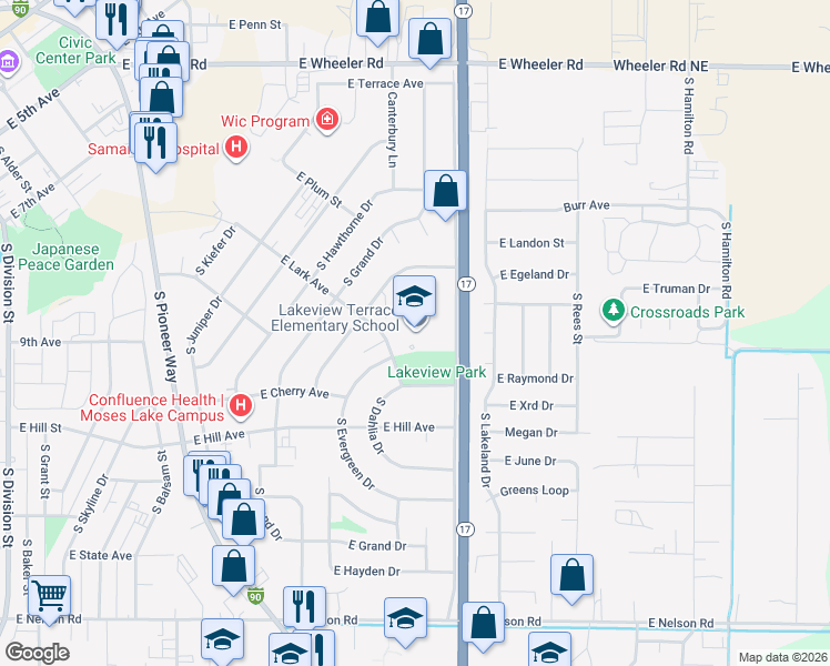 map of restaurants, bars, coffee shops, grocery stores, and more near 780 South Clover Drive in Moses Lake