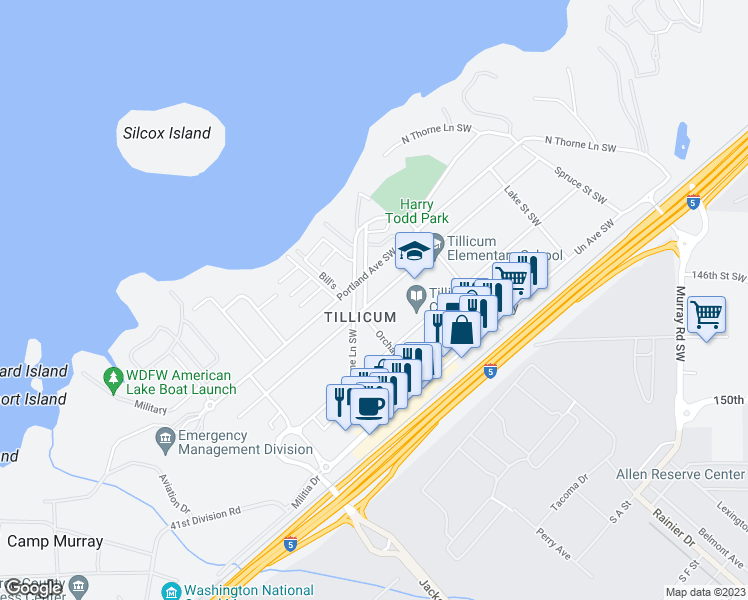 map of restaurants, bars, coffee shops, grocery stores, and more near 15005 Grant Avenue Southwest in Tacoma