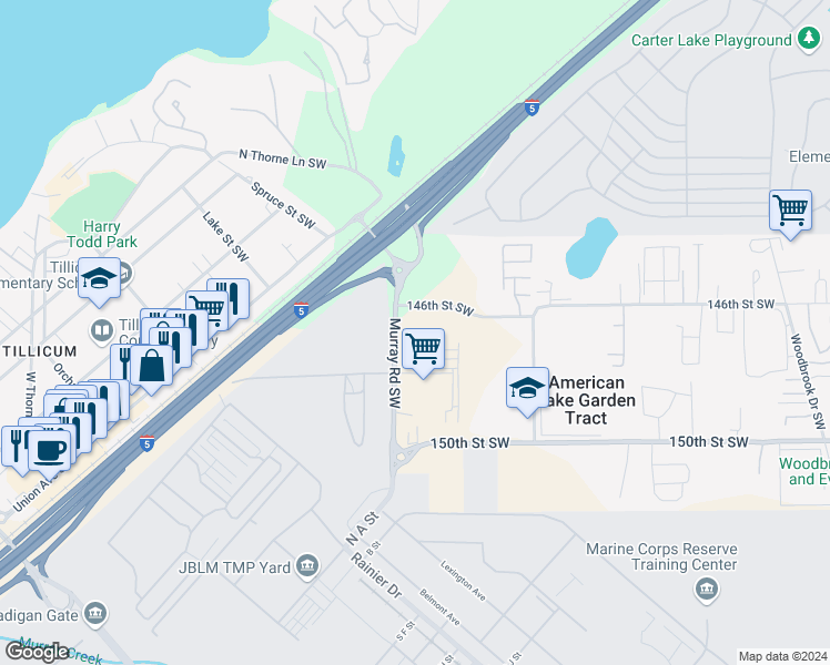 map of restaurants, bars, coffee shops, grocery stores, and more near 14623 Murray Road Southwest in Lakewood