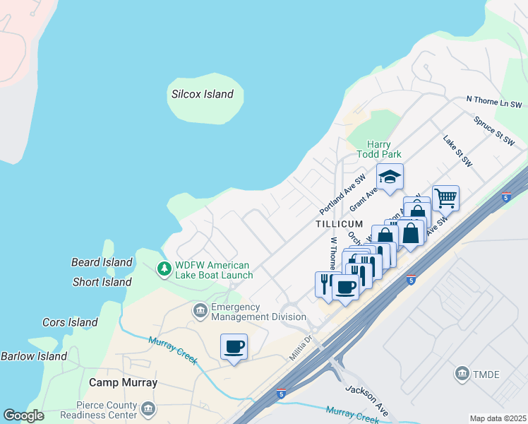map of restaurants, bars, coffee shops, grocery stores, and more near 15211 Fern Street Southwest in Tacoma
