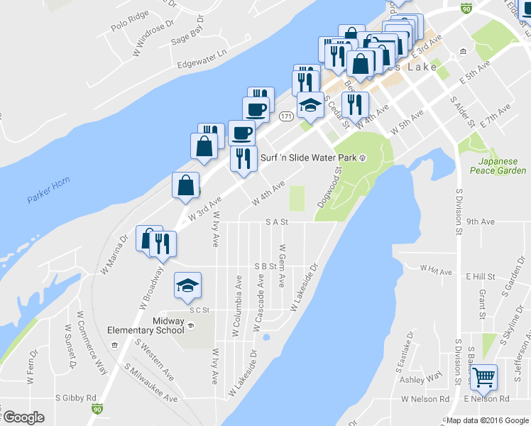 map of restaurants, bars, coffee shops, grocery stores, and more near 803 South A Street in Moses Lake