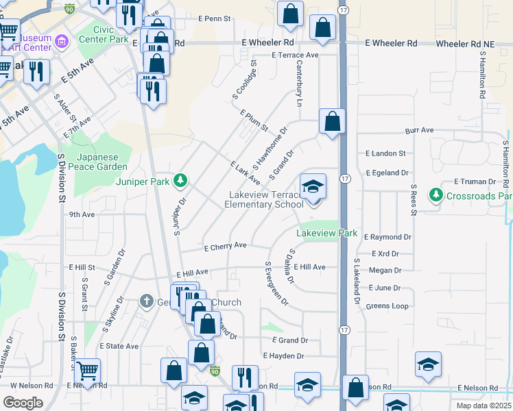 map of restaurants, bars, coffee shops, grocery stores, and more near 819 South Grand Drive in Moses Lake