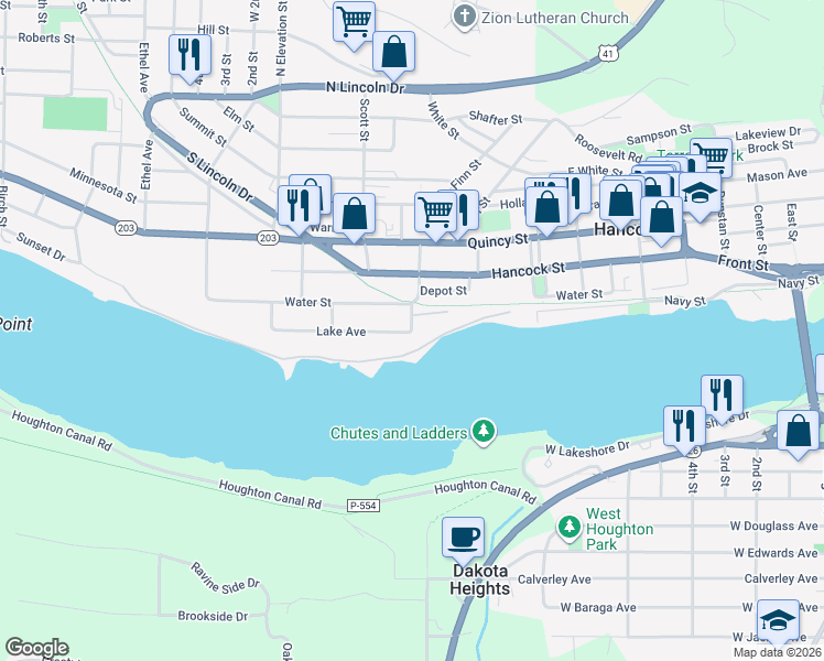 map of restaurants, bars, coffee shops, grocery stores, and more near 500 Lake Avenue in Hancock