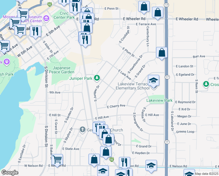 map of restaurants, bars, coffee shops, grocery stores, and more near 903 South Ironwood Drive in Moses Lake