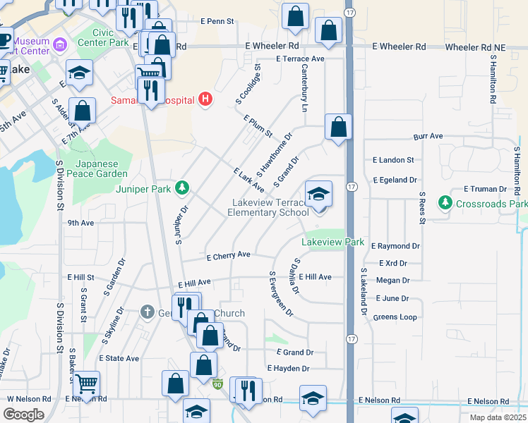 map of restaurants, bars, coffee shops, grocery stores, and more near 819 South Grand Drive in Moses Lake
