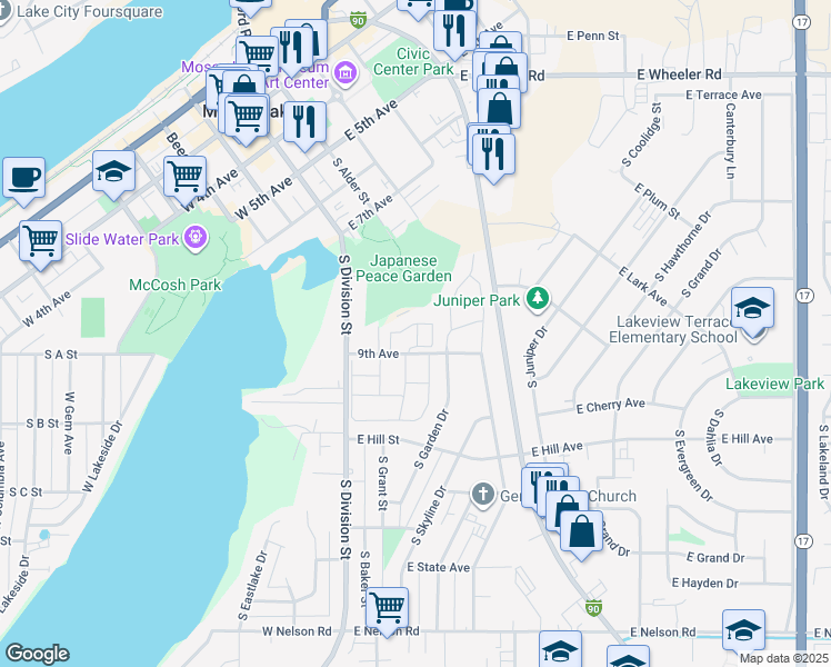 map of restaurants, bars, coffee shops, grocery stores, and more near 904 South Garden Drive in Moses Lake