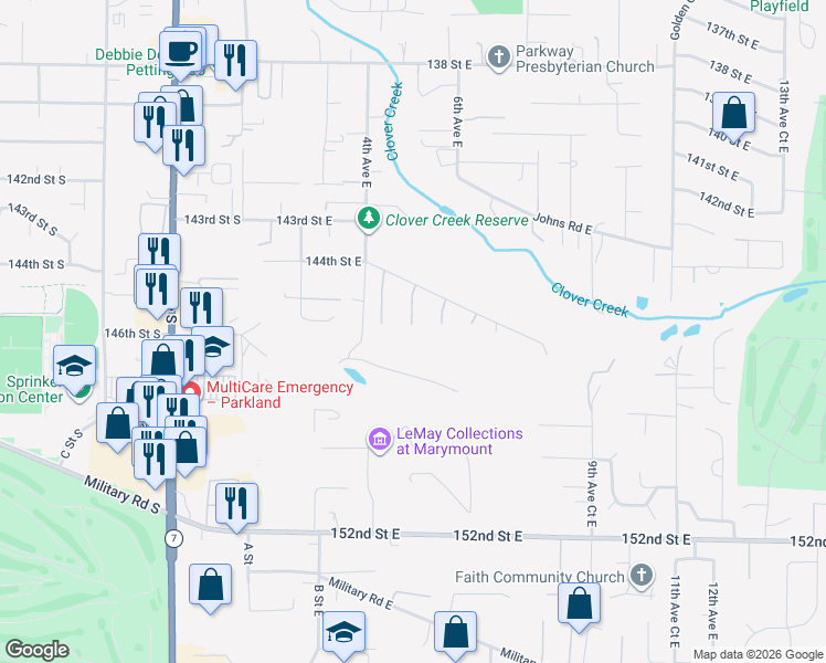 map of restaurants, bars, coffee shops, grocery stores, and more near 14522 5th Avenue East in Tacoma