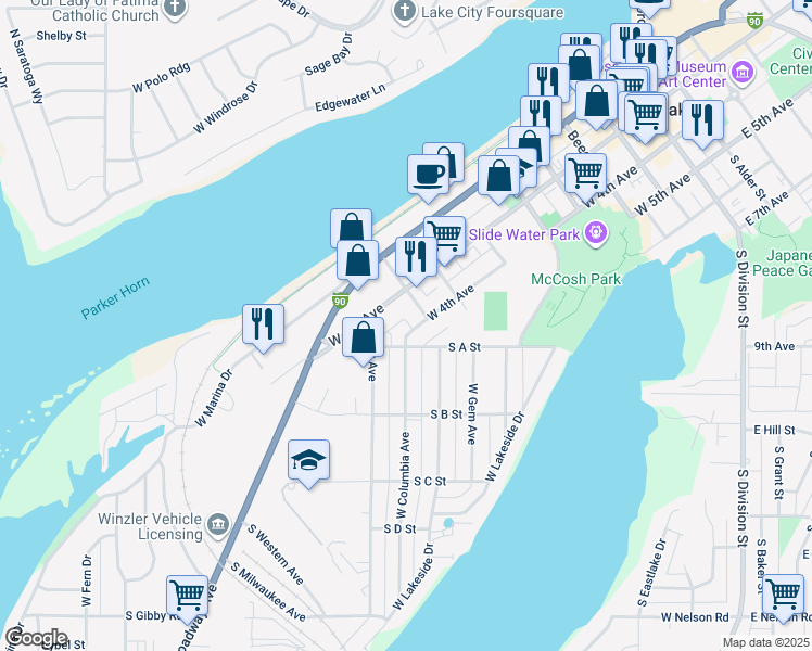 map of restaurants, bars, coffee shops, grocery stores, and more near 916 West 4th Avenue in Moses Lake