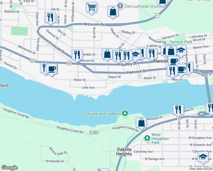 map of restaurants, bars, coffee shops, grocery stores, and more near 500-710 Lake Avenue in Hancock