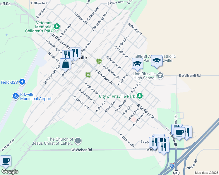map of restaurants, bars, coffee shops, grocery stores, and more near 110 West 5th Avenue in Ritzville