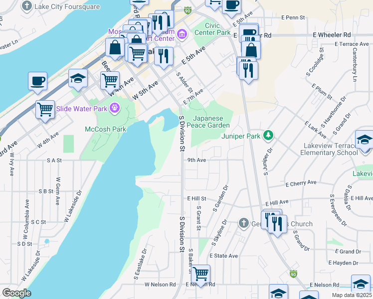 map of restaurants, bars, coffee shops, grocery stores, and more near 855 South Division Street in Moses Lake