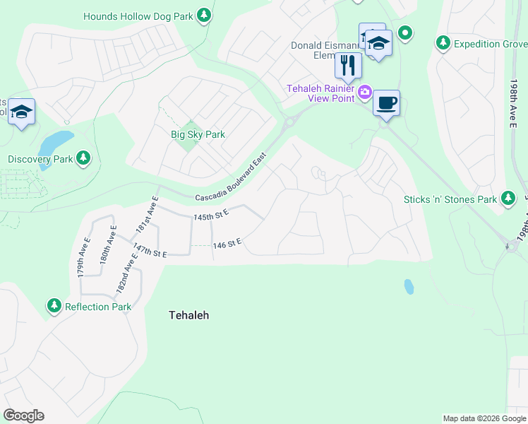 map of restaurants, bars, coffee shops, grocery stores, and more near 18727 145th Street East in Bonney Lake