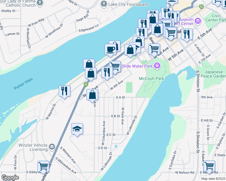 map of restaurants, bars, coffee shops, grocery stores, and more near 825 West 4th Avenue in Moses Lake