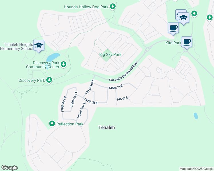map of restaurants, bars, coffee shops, grocery stores, and more near 18327 145th Street East in Bonney Lake