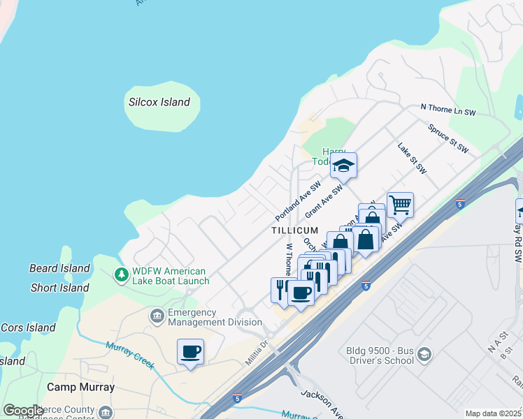 map of restaurants, bars, coffee shops, grocery stores, and more near 15121 Boat Road Southwest in Tacoma