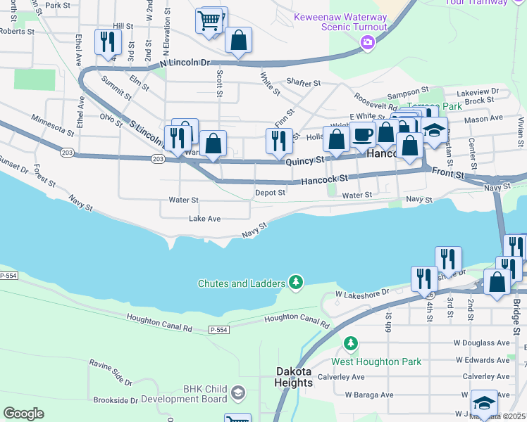 map of restaurants, bars, coffee shops, grocery stores, and more near 332 Navy Street in Hancock